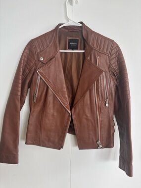 BARNEYS Women's Classic Brown Leather Moto Jacket with Quilted Accents S